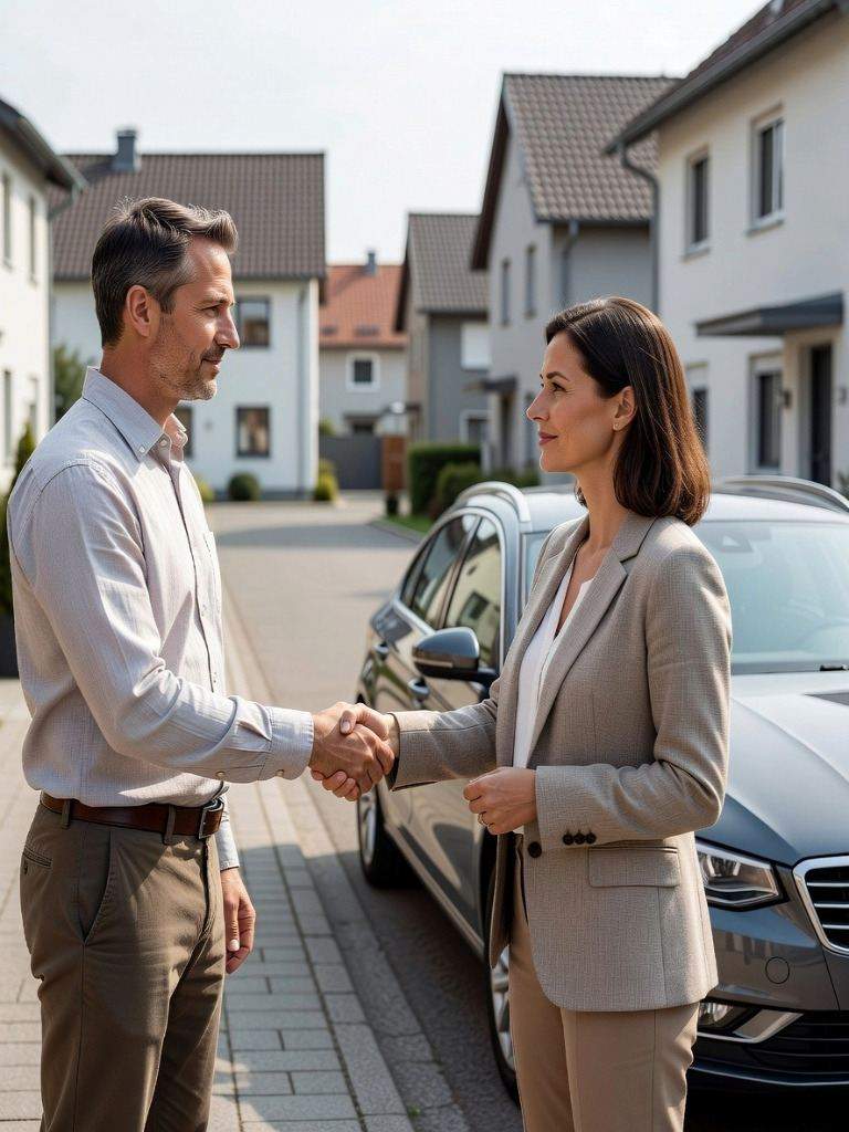 seriöser und geprüfter Autoankäufer mitten beim Vertragsabschluss in einer Wohngegend in Grefrath